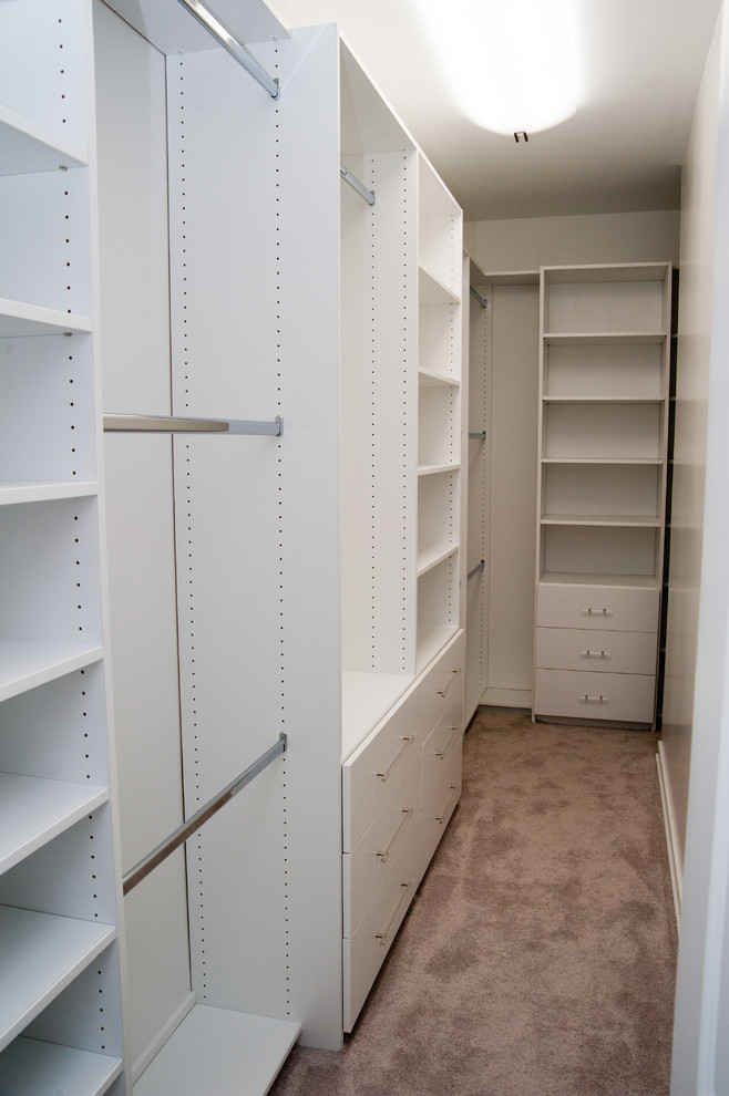 Example of a mid-sized classic gender-neutral carpeted walk-in closet design in New York with open cabinets and white cabinets