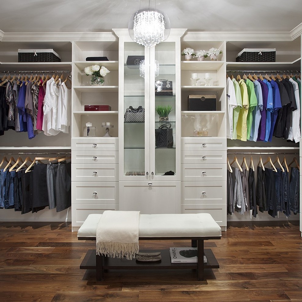 Cette image montre un dressing room traditionnel neutre avec un placard sans porte, des portes de placard blanches et parquet foncé.