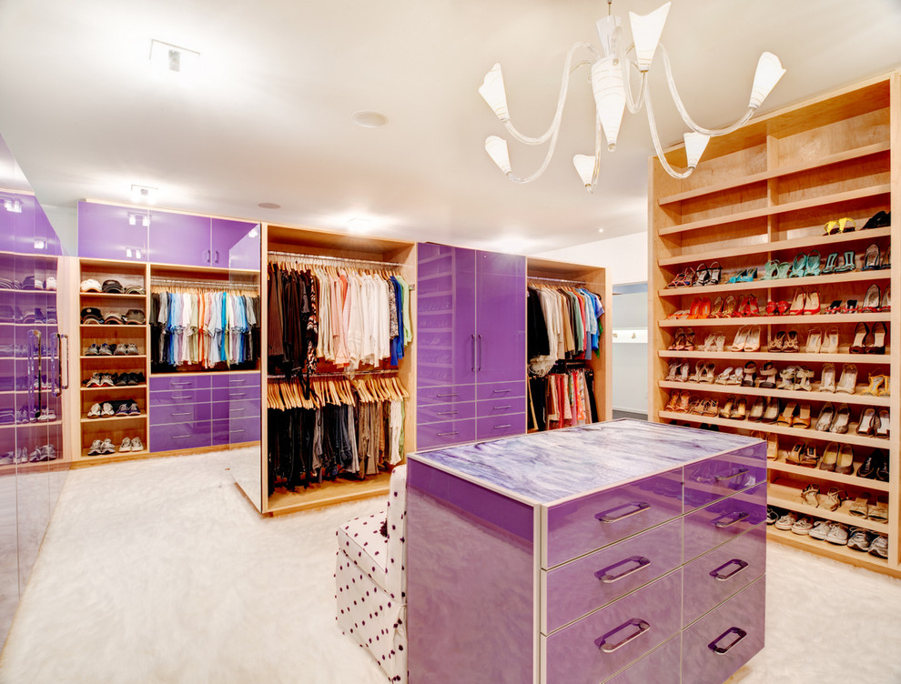 Dressing room - contemporary dressing room idea in Atlanta with open cabinets and medium tone wood cabinets