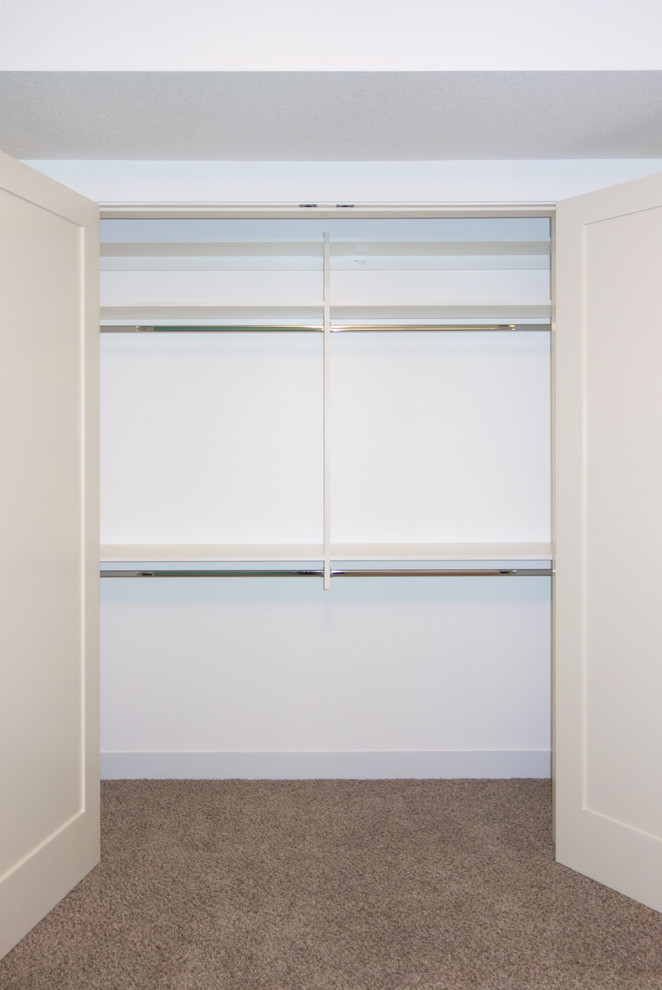 Ejemplo de armario unisex tradicional renovado de tamaño medio con armarios con paneles lisos, puertas de armario blancas y moqueta