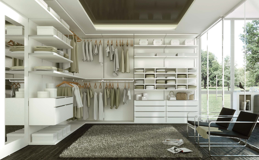 На фото: гардеробная комната среднего размера, унисекс в стиле модернизм с белыми фасадами и темным паркетным полом с