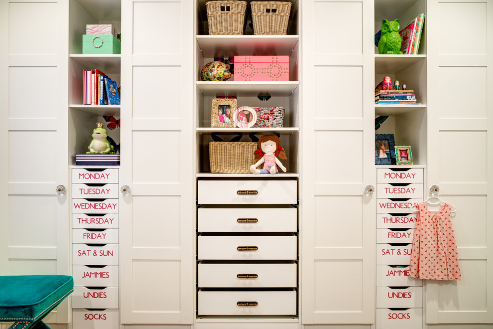 Photo of a classic standard wardrobe for women in Phoenix with white cabinets.
