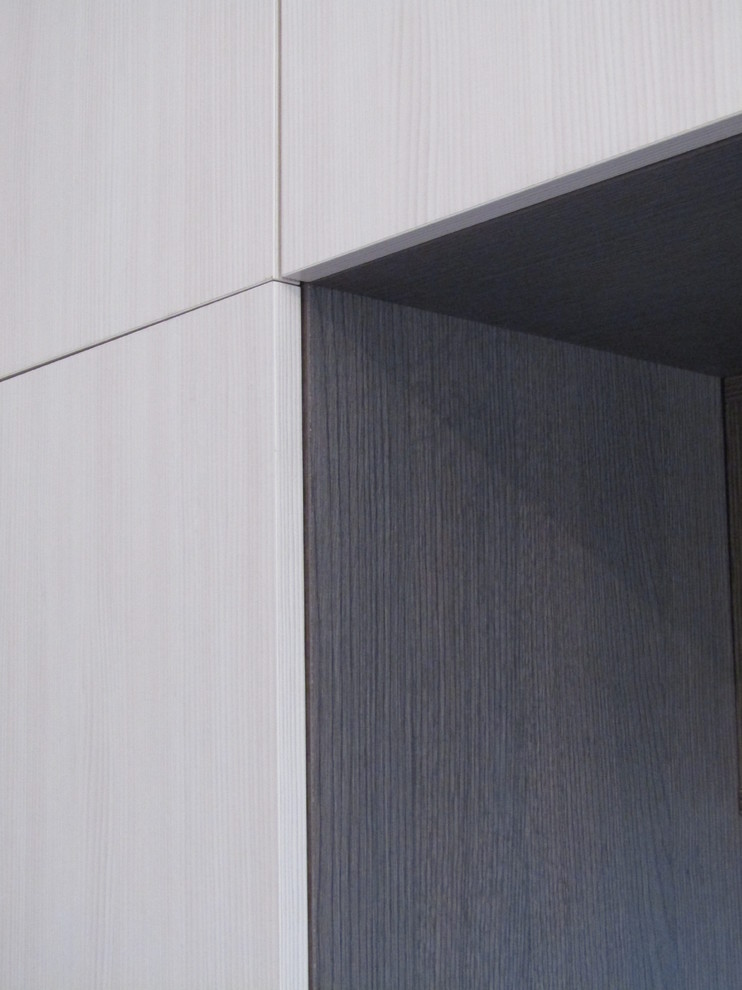 На фото: большой шкаф в нише унисекс в стиле модернизм с плоскими фасадами, бежевыми фасадами, полом из ламината и коричневым полом