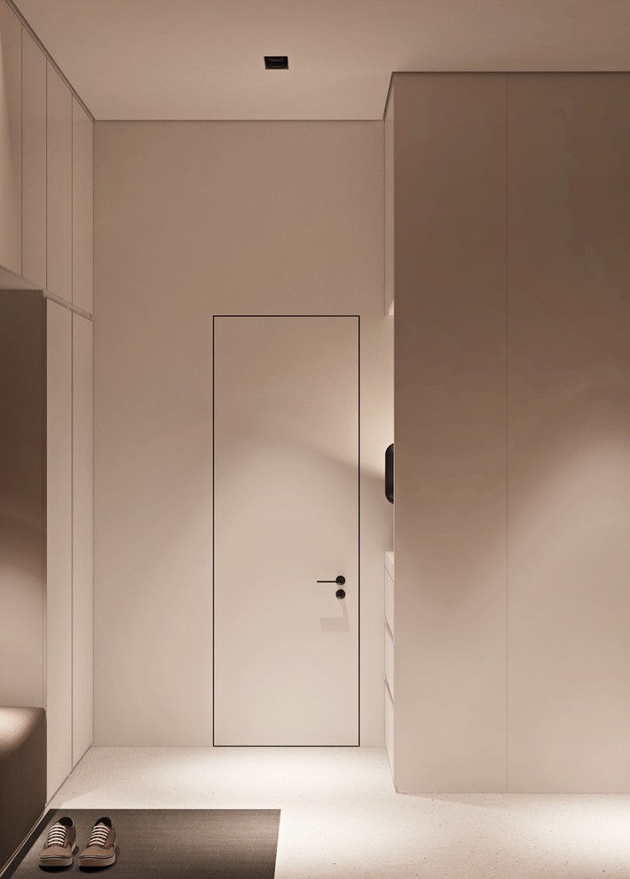 Photo of a medium sized modern gender neutral dressing room in Other with open cabinets, white cabinets, concrete flooring and grey floors.