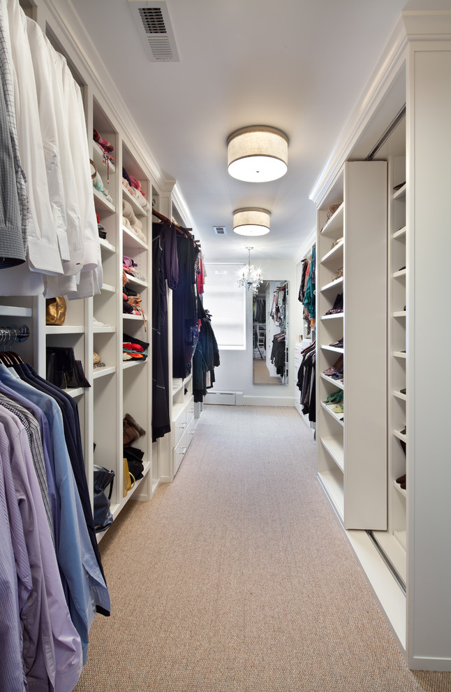 Inspiration for a large contemporary gender-neutral carpeted walk-in closet remodel in DC Metro with open cabinets and white cabinets