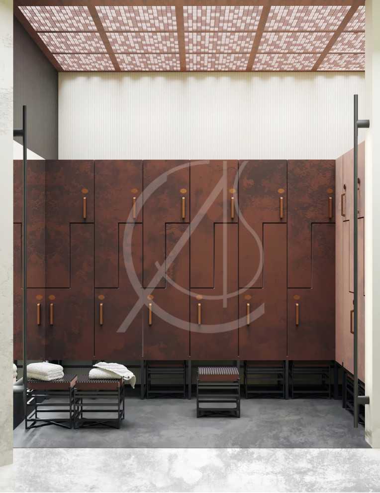 Imagen de vestidor unisex minimalista grande con armarios con paneles lisos, puertas de armario marrones, suelo de cemento y suelo gris