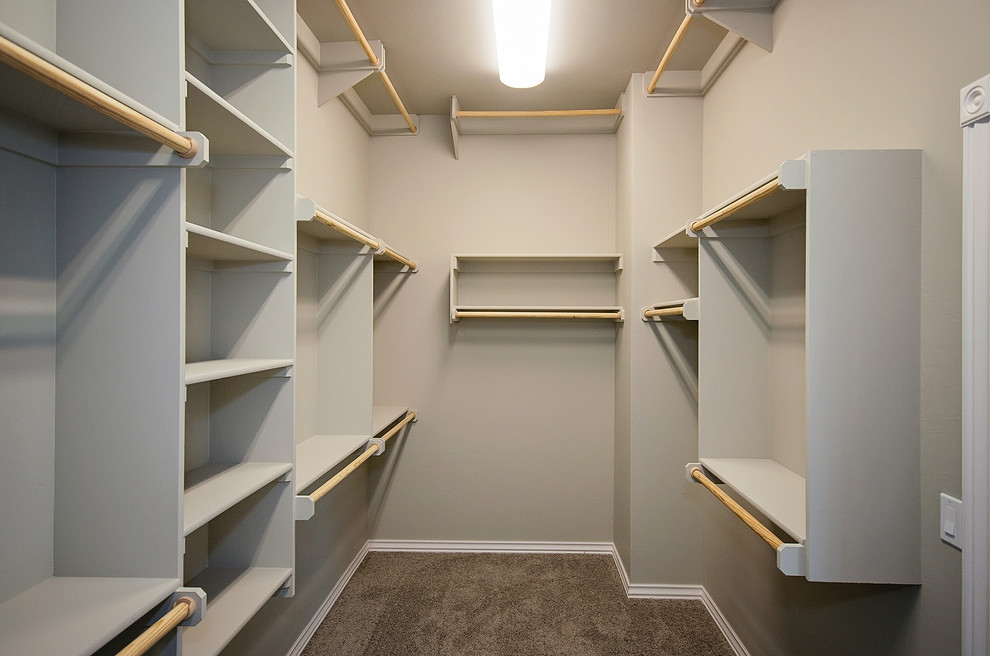 Large transitional gender-neutral carpeted walk-in closet photo in Oklahoma City