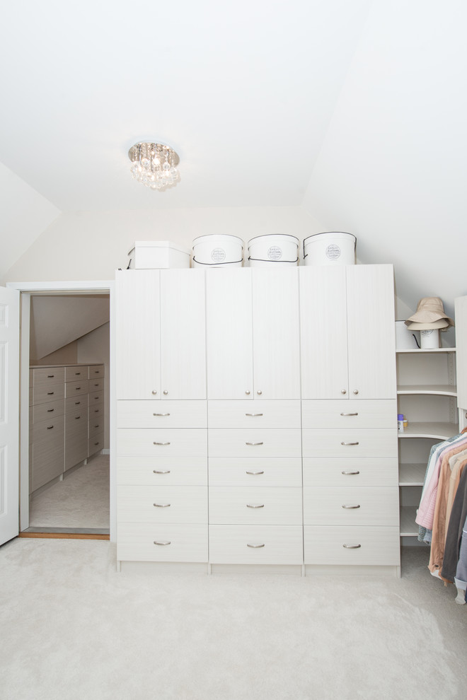 Свежая идея для дизайна: большая гардеробная комната унисекс в стиле модернизм с белыми фасадами, ковровым покрытием и белым полом - отличное фото интерьера