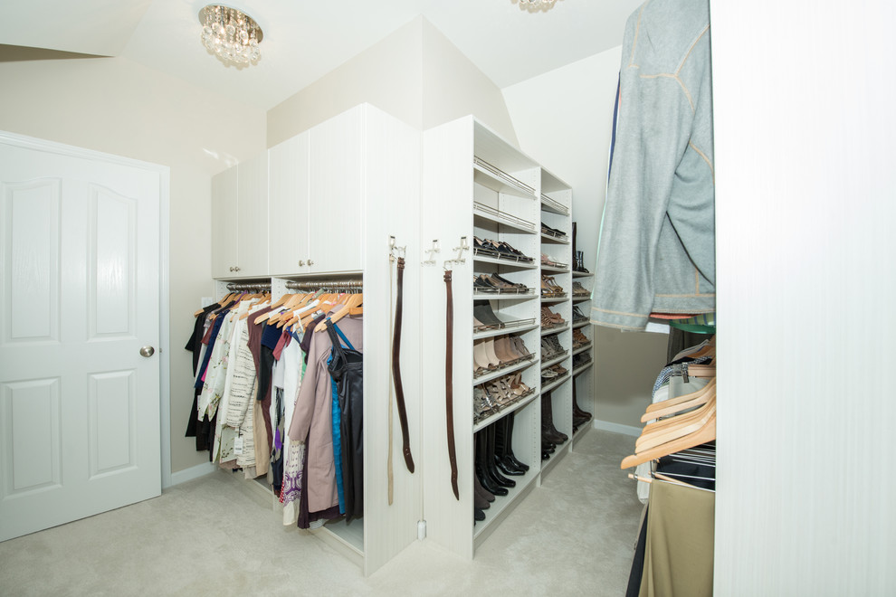 Cette image montre un grand dressing minimaliste neutre avec des portes de placard blanches, moquette et un sol beige.