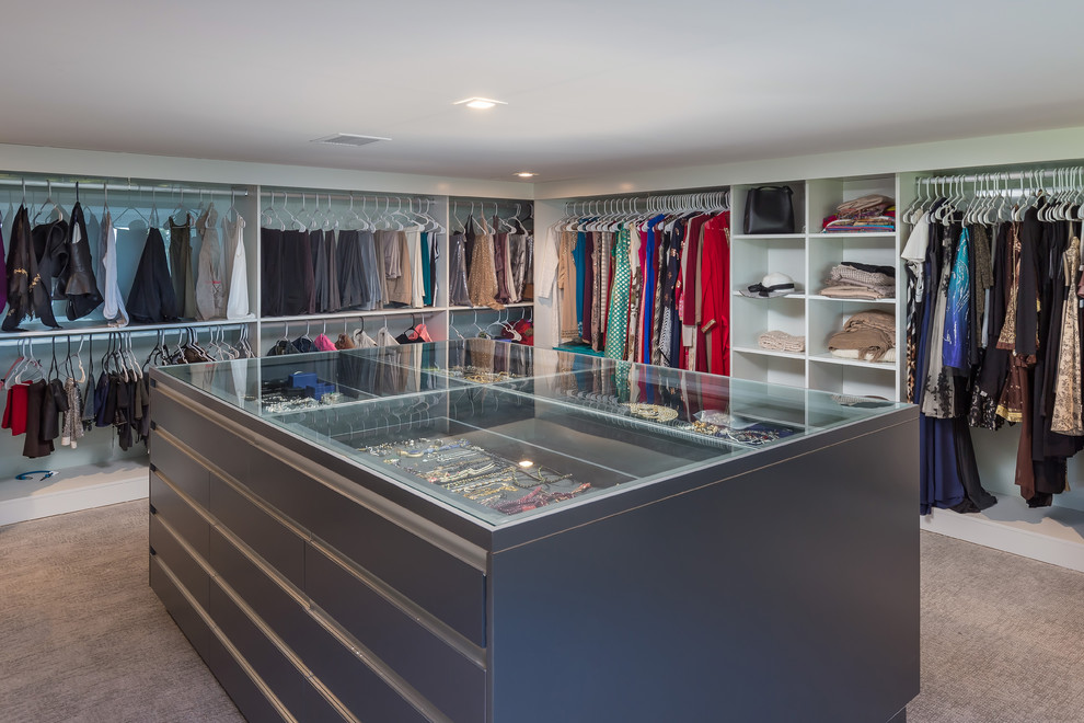 Walk-in closet - huge modern women's carpeted and gray floor walk-in closet idea in San Francisco with open cabinets and white cabinets