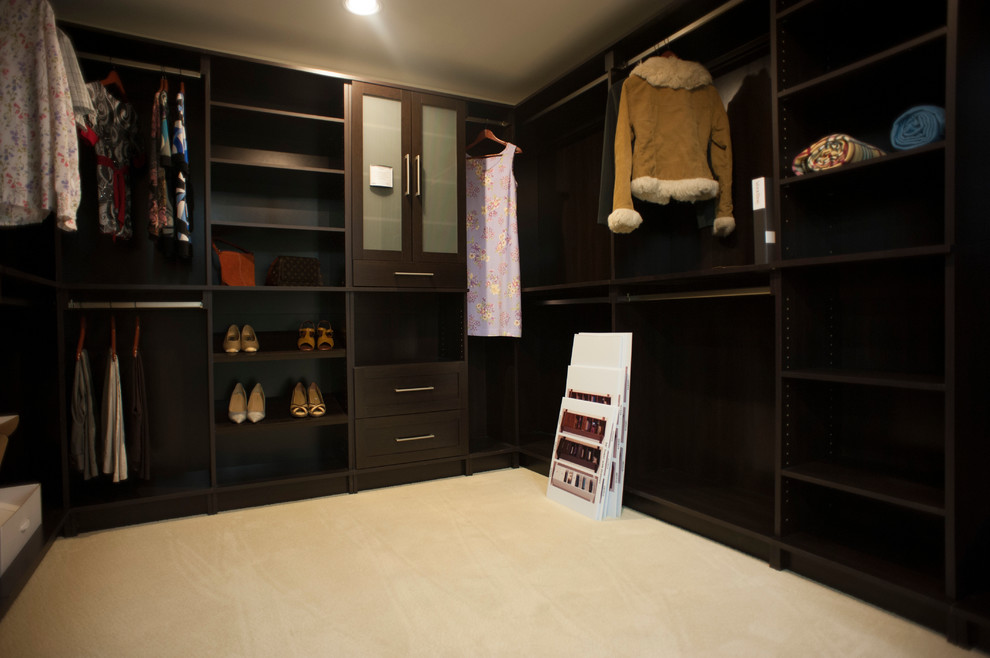 Large trendy gender-neutral carpeted walk-in closet photo in Columbus with open cabinets and dark wood cabinets