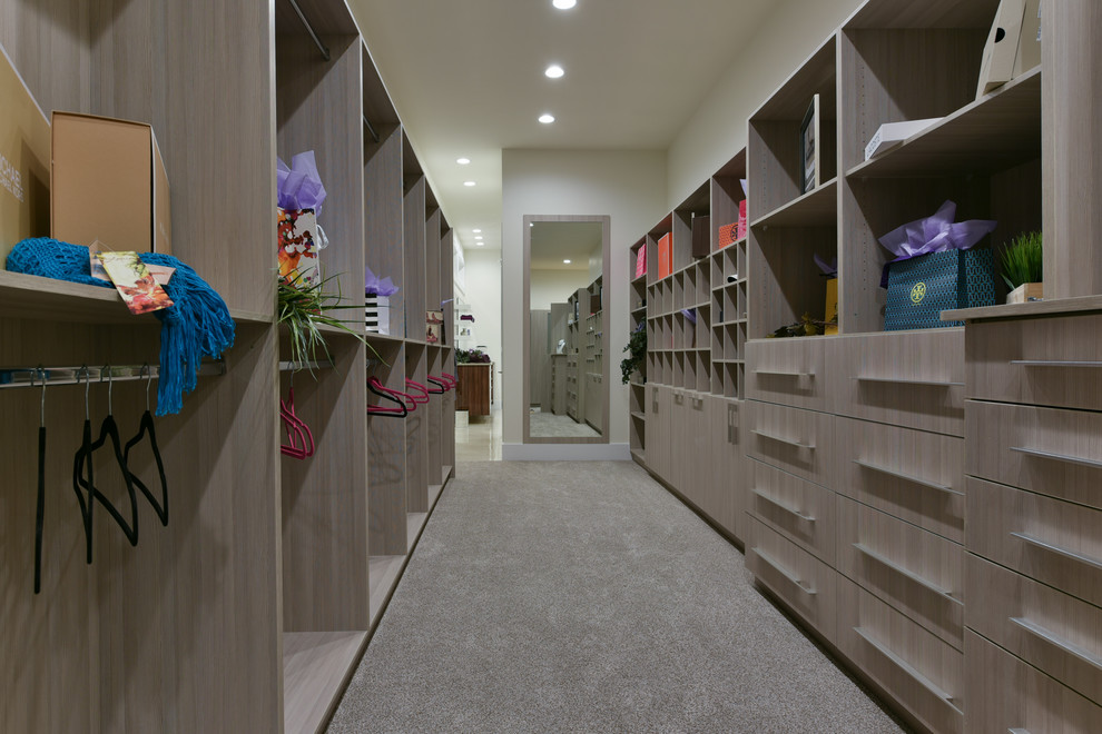 This is an example of an expansive modern walk-in wardrobe in Edmonton.