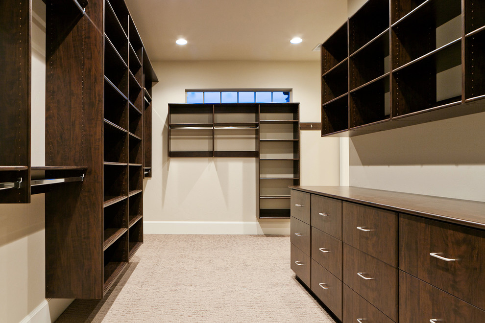 Inspiration for a large contemporary gender-neutral carpeted walk-in closet remodel in Salt Lake City with flat-panel cabinets and dark wood cabinets