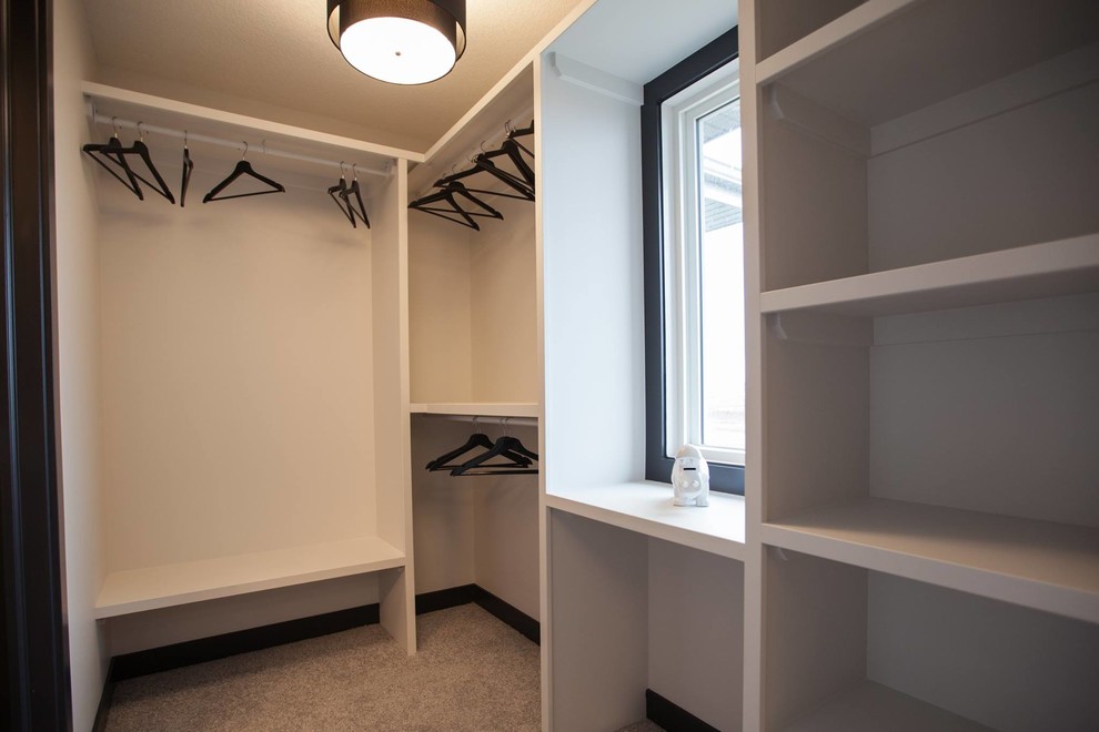 Cette image montre un petit dressing minimaliste neutre avec un placard sans porte, des portes de placard blanches et moquette.