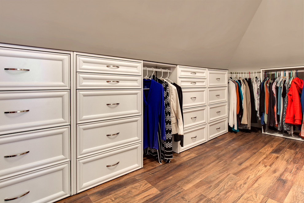 Exempel på ett mellanstort modernt walk-in-closet för kvinnor, med luckor med upphöjd panel, vita skåp och mellanmörkt trägolv