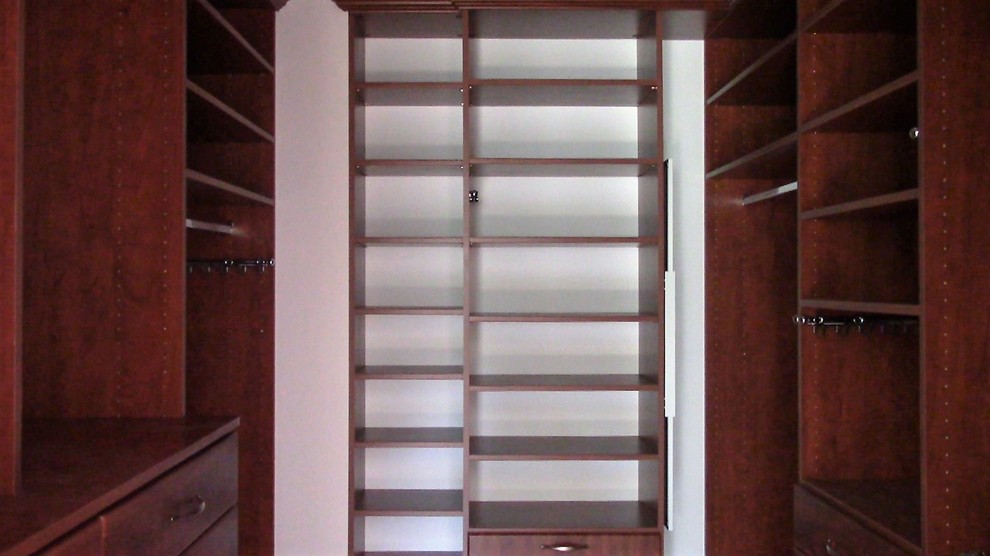 Ejemplo de armario vestidor unisex tradicional de tamaño medio con puertas de armario de madera oscura, armarios con paneles lisos, suelo de madera en tonos medios y suelo marrón