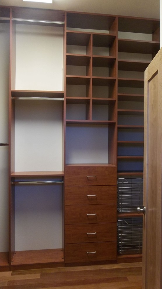 Ejemplo de armario vestidor tradicional de tamaño medio con armarios con paneles lisos, puertas de armario de madera oscura y suelo de madera clara