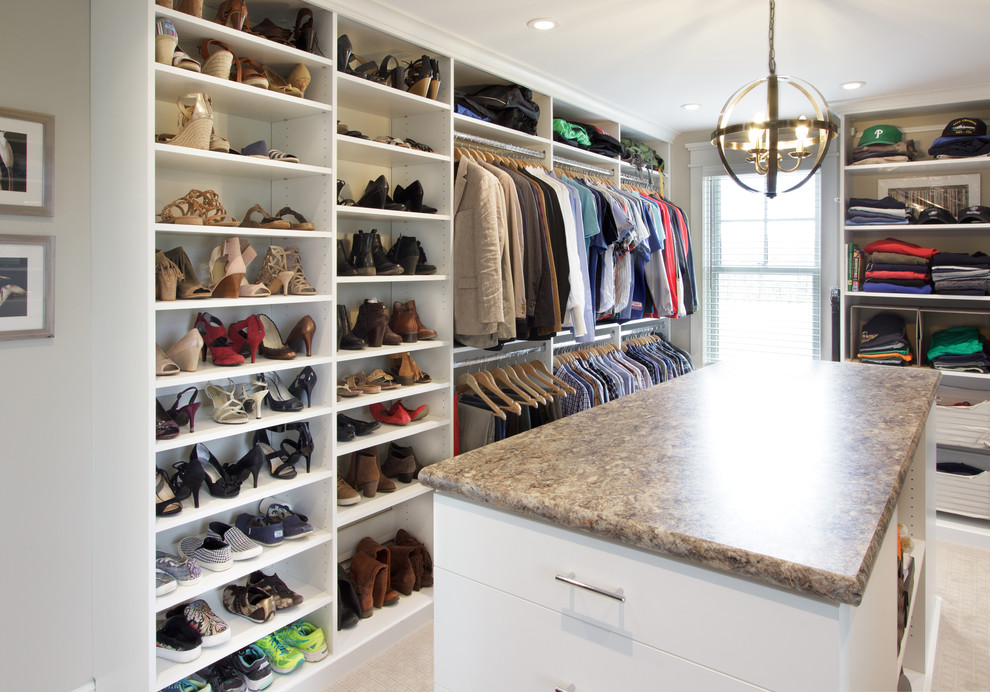 Walk-in closet - large transitional gender-neutral carpeted and beige floor walk-in closet idea in New York with flat-panel cabinets and white cabinets