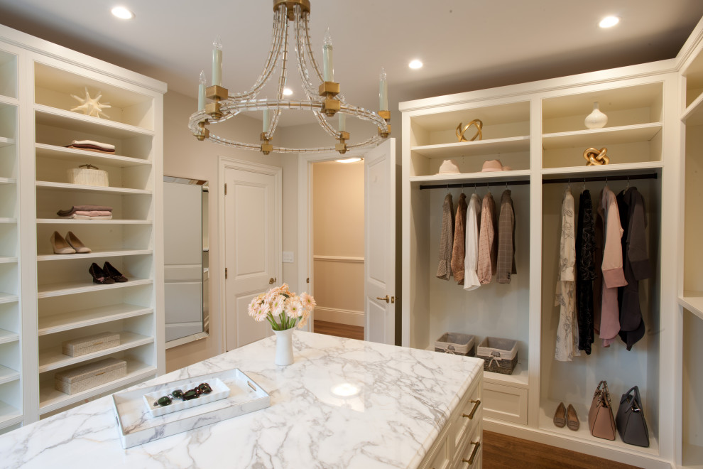 Example of a large transitional women's dark wood floor, brown floor and vaulted ceiling walk-in closet design in Boston with beaded inset cabinets and white cabinets