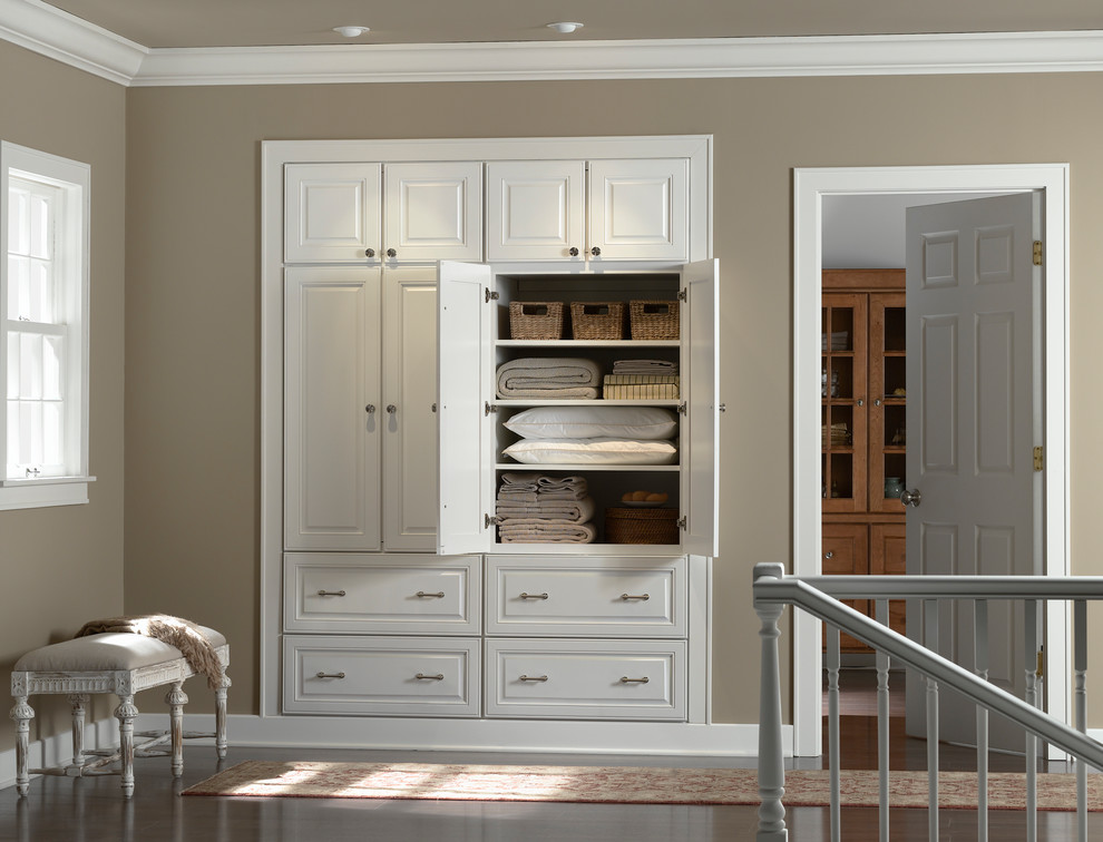 Пример оригинального дизайна: шкаф в нише среднего размера в классическом стиле с фасадами с выступающей филенкой, белыми фасадами, темным паркетным полом и коричневым полом