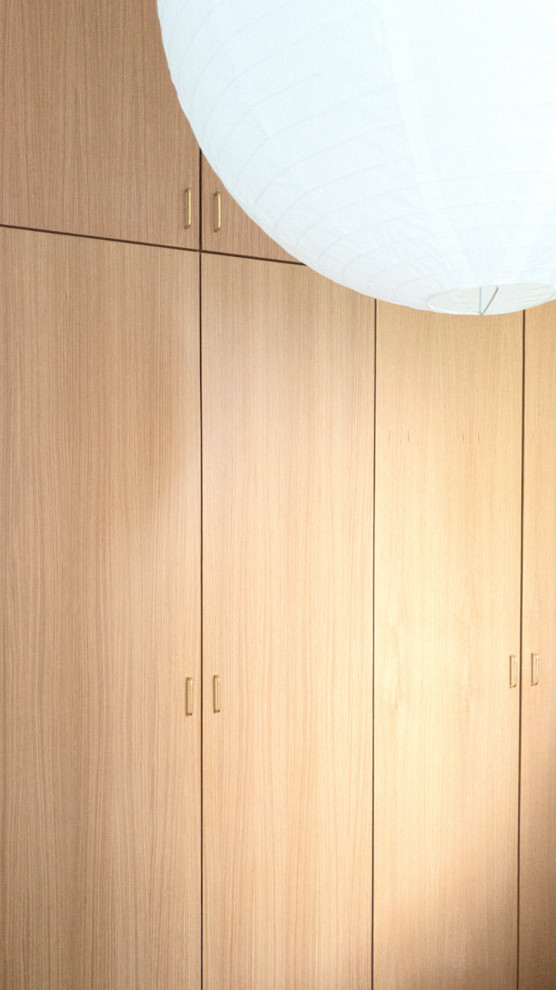 Diseño de armario unisex moderno pequeño con armarios con paneles lisos y puertas de armario de madera clara