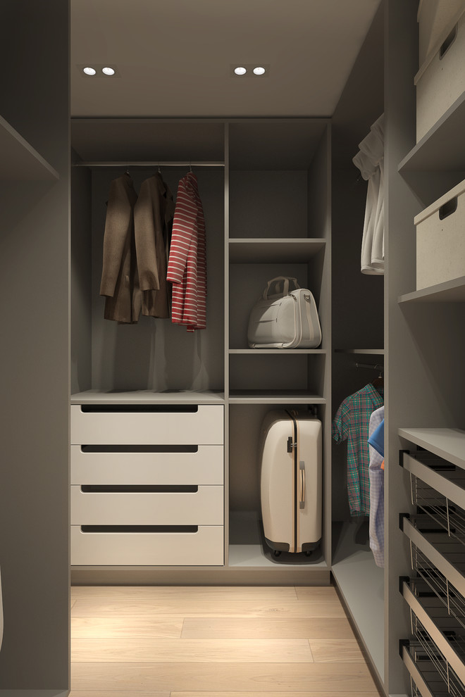 Photo of a small contemporary gender neutral wardrobe in Other with white cabinets and light hardwood flooring.
