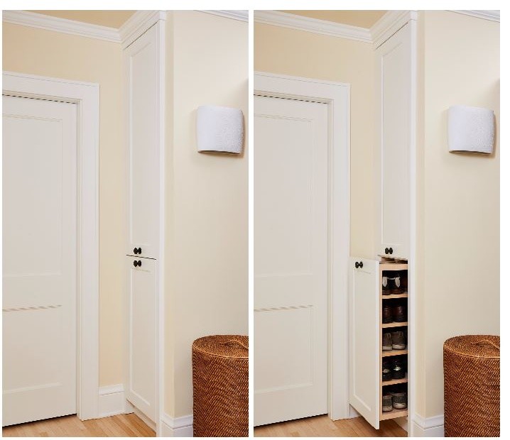 Imagen de armario unisex tradicional de tamaño medio con armarios con paneles empotrados, puertas de armario blancas y suelo de madera clara