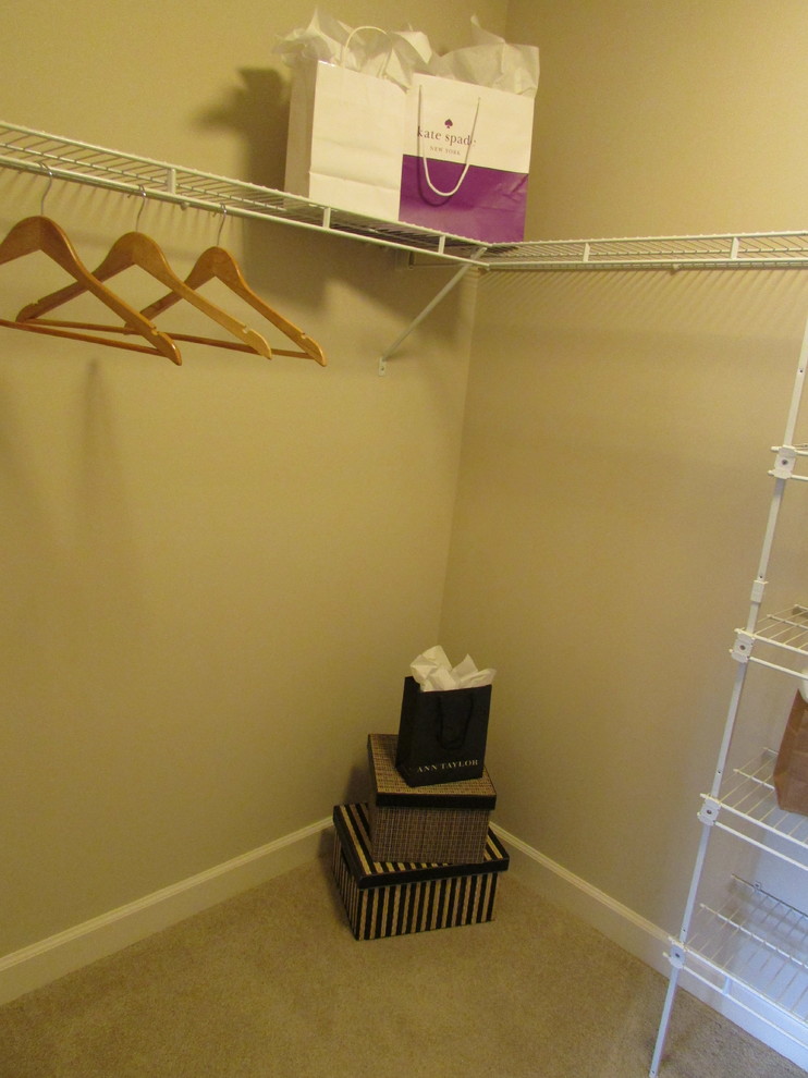 Example of a mid-sized minimalist gender-neutral carpeted walk-in closet design in Baltimore