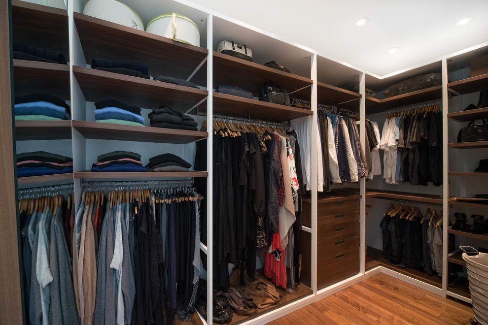 Diseño de armario vestidor unisex retro de tamaño medio con armarios abiertos, suelo de madera oscura y suelo marrón