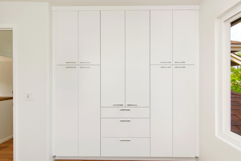 Imagen de armario moderno de tamaño medio con armarios con paneles lisos, puertas de armario blancas, suelo de madera en tonos medios y suelo marrón