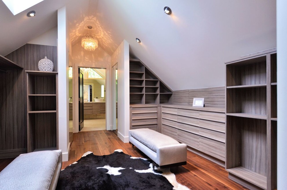 Idée de décoration pour un dressing room minimaliste en bois vieilli de taille moyenne et neutre avec un placard à porte plane et un sol en bois brun.
