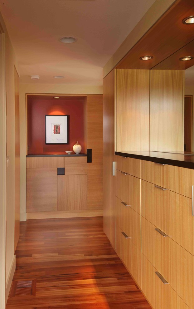 Стильный дизайн: большая гардеробная комната унисекс в современном стиле с плоскими фасадами, фасадами цвета дерева среднего тона и паркетным полом среднего тона - последний тренд