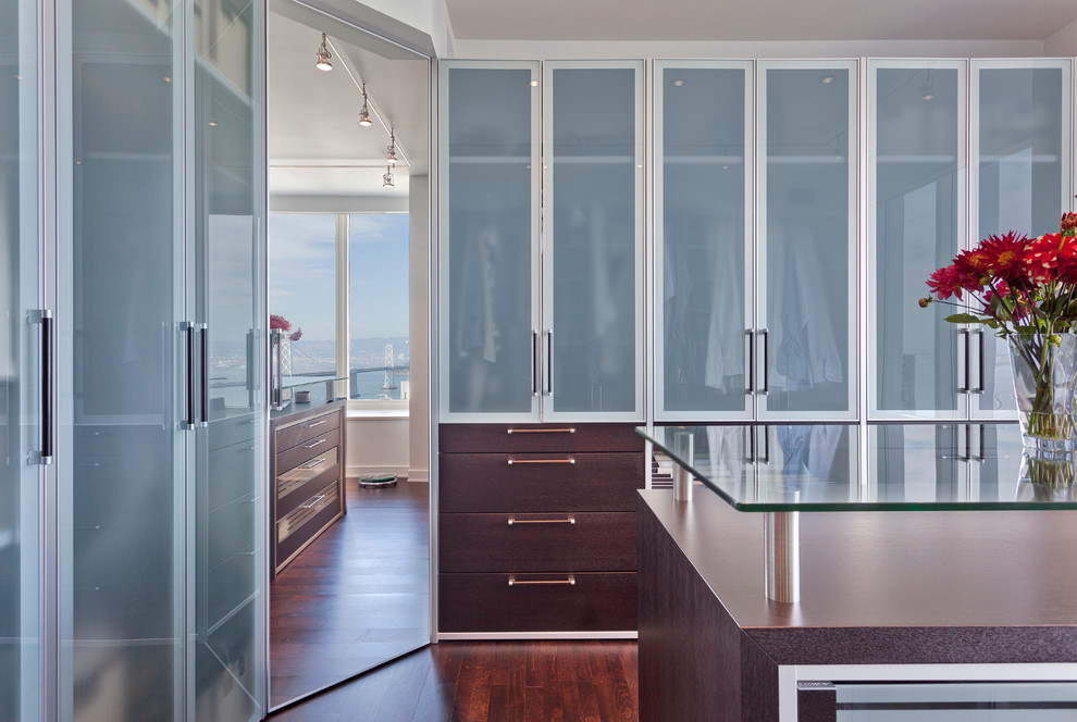 Großer, Neutraler Moderner Begehbarer Kleiderschrank mit Glasfronten, braunen Schränken und dunklem Holzboden in San Francisco