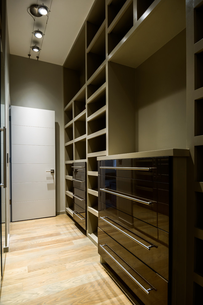 Inspiration for a large contemporary gender neutral walk-in wardrobe in Oklahoma City with flat-panel cabinets and black cabinets.