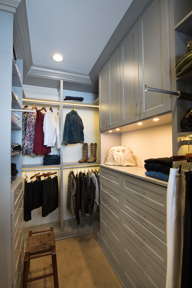 Large transitional gender-neutral carpeted walk-in closet photo in Chicago with recessed-panel cabinets and gray cabinets
