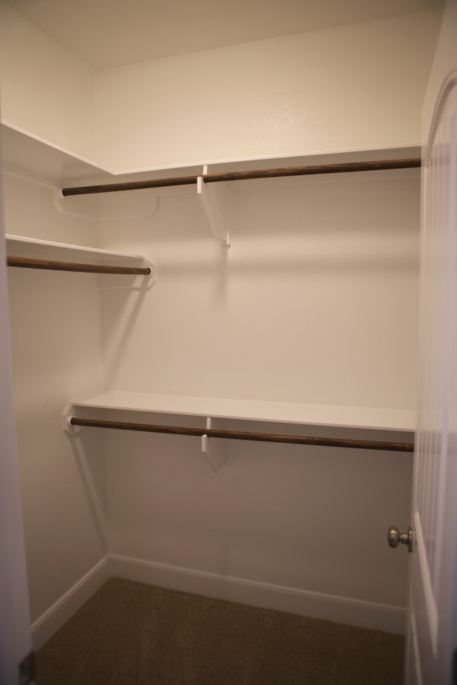 This is an example of a small classic gender neutral walk-in wardrobe in Houston with open cabinets, carpet and brown floors.