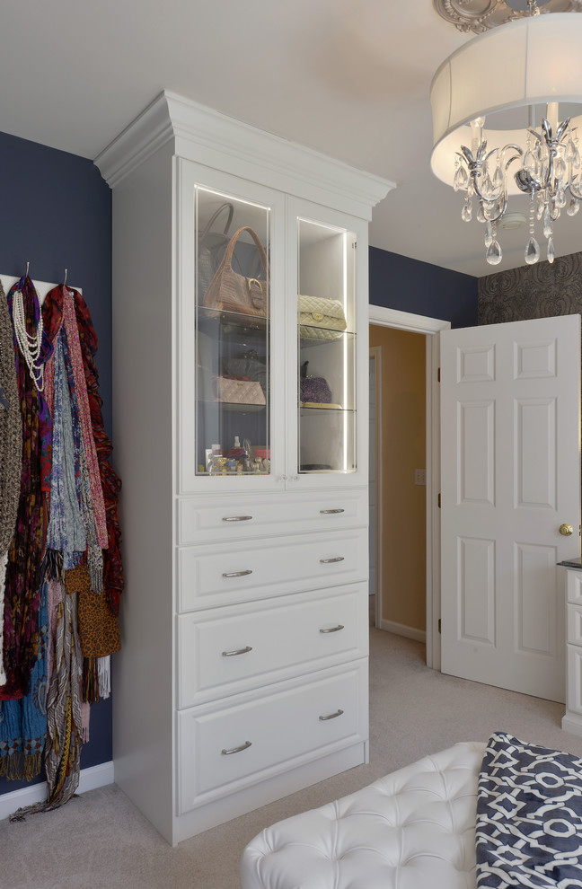 Inspiration for a large contemporary gender neutral walk-in wardrobe in New York with raised-panel cabinets, white cabinets and carpet.