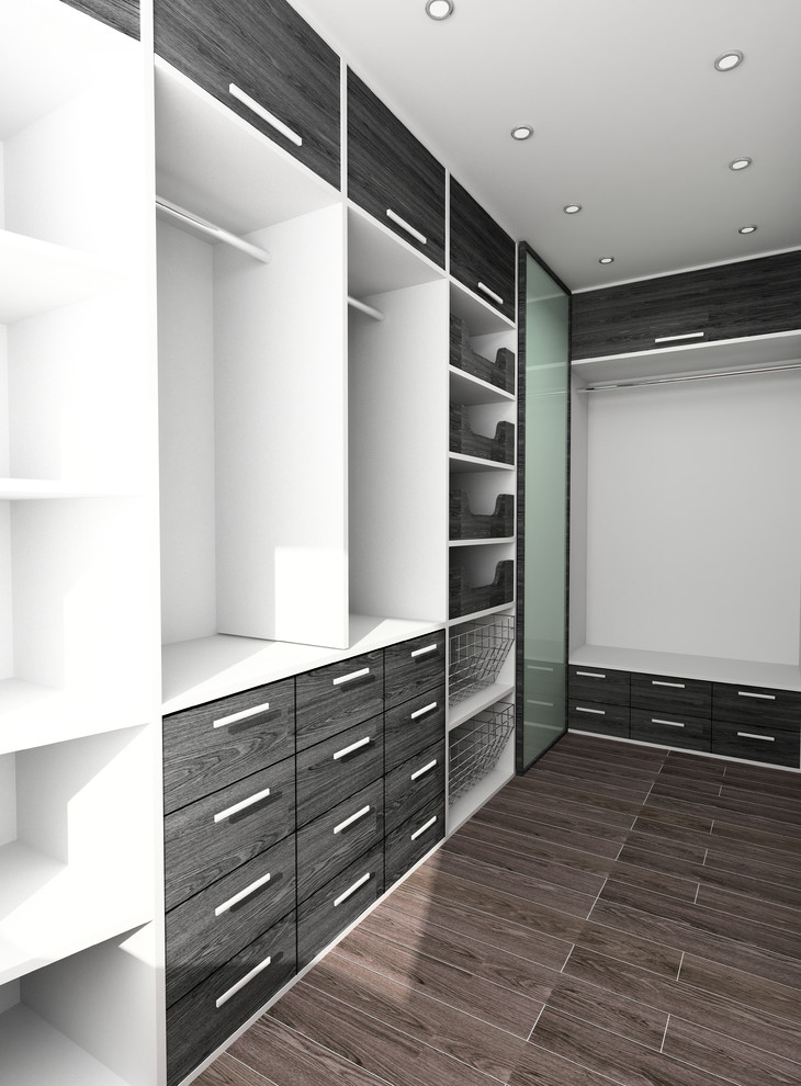 Diseño de armario vestidor unisex tradicional de tamaño medio con armarios abiertos, puertas de armario grises, suelo de madera oscura y suelo marrón