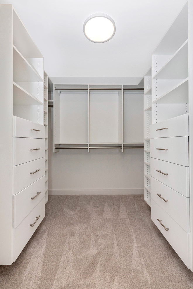 Свежая идея для дизайна: гардеробная комната среднего размера, унисекс в стиле неоклассика (современная классика) с открытыми фасадами, белыми фасадами, ковровым покрытием и серым полом - отличное фото интерьера