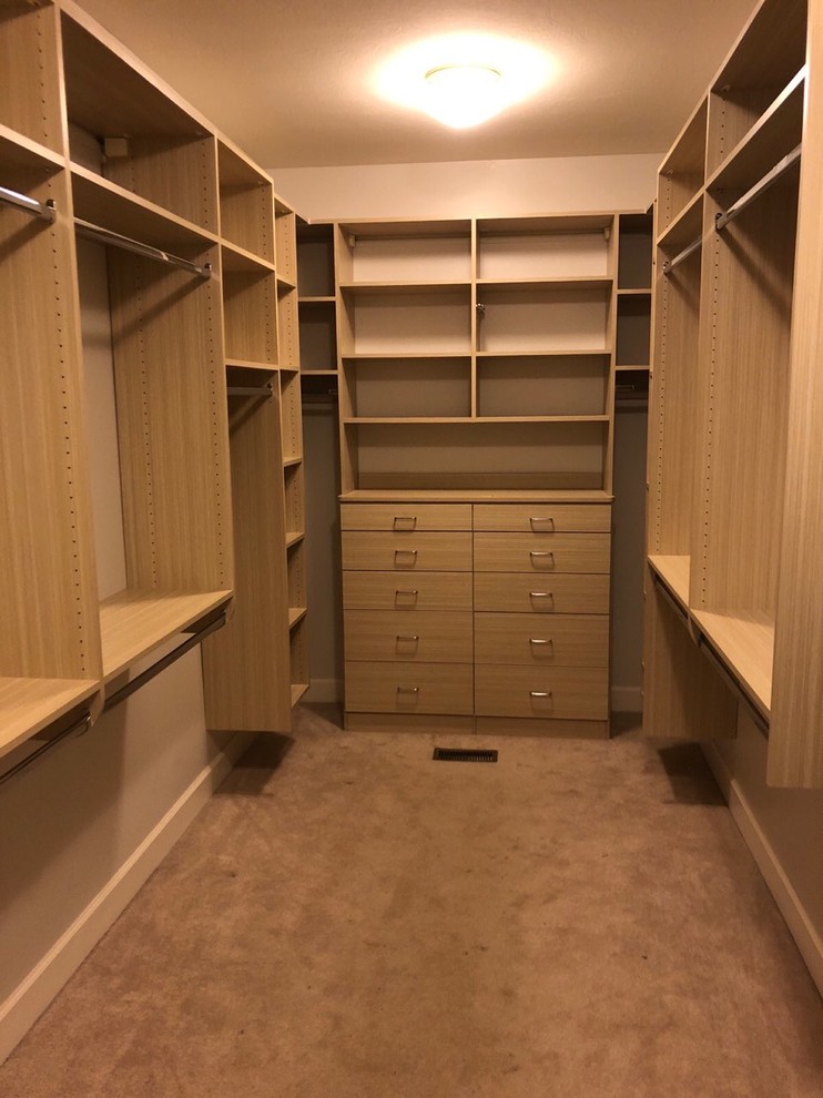 Example of a large minimalist gender-neutral walk-in closet design in Other