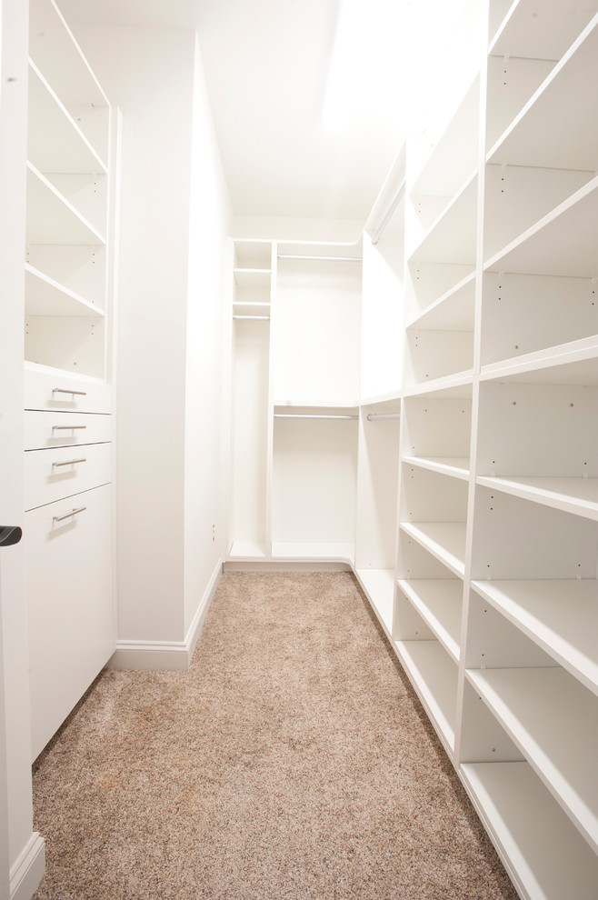 Photo of a small urban gender neutral walk-in wardrobe in Charlotte with flat-panel cabinets, white cabinets and carpet.