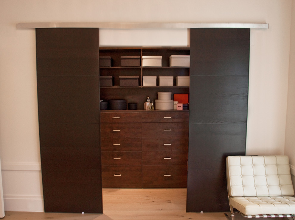 Inspiration for a mid-sized modern gender-neutral light wood floor walk-in closet remodel in San Francisco with flat-panel cabinets and dark wood cabinets