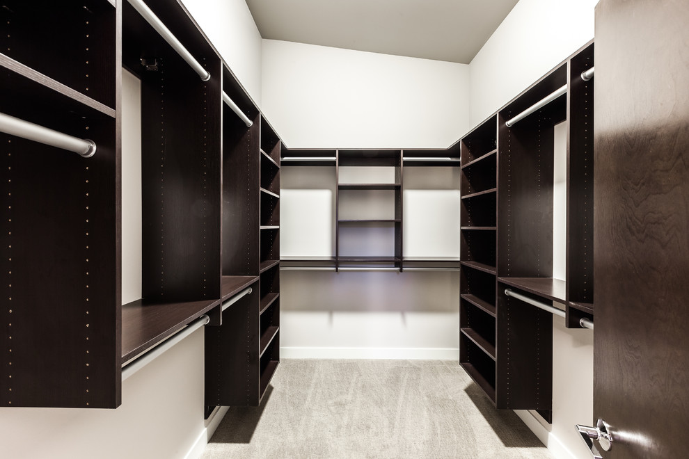 Пример оригинального дизайна: гардеробная комната среднего размера, унисекс в современном стиле с открытыми фасадами, темными деревянными фасадами, ковровым покрытием и серым полом