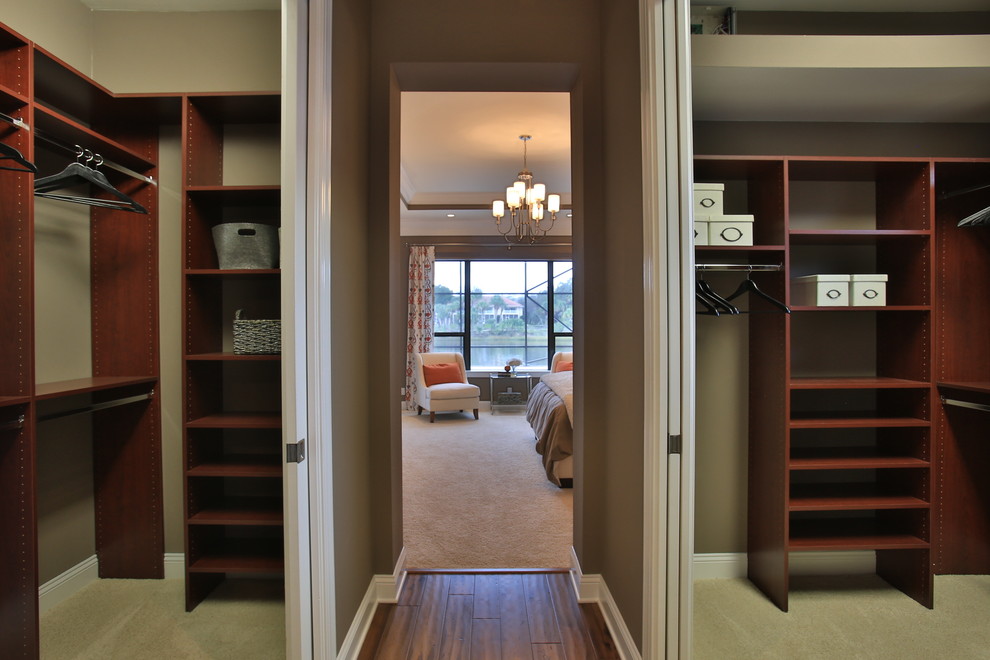 Inspiration for an eclectic gender-neutral carpeted walk-in closet remodel in Orlando with dark wood cabinets