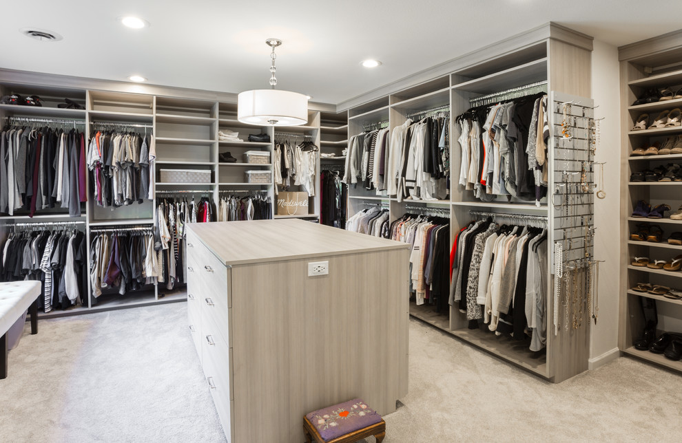 Ejemplo de armario vestidor unisex tradicional renovado extra grande con armarios con paneles lisos, puertas de armario grises, moqueta y suelo gris