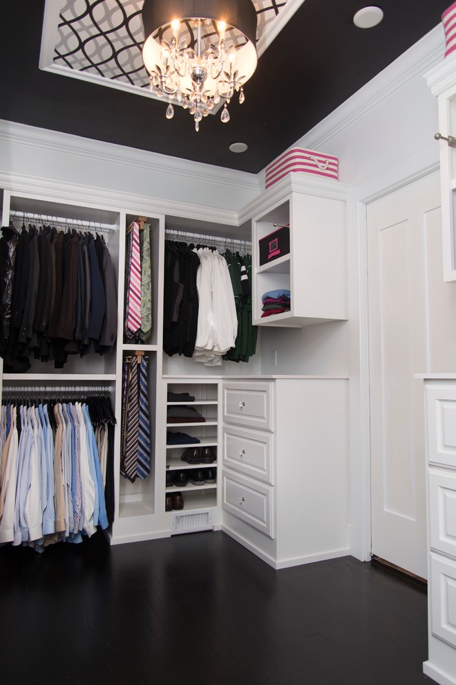 Photo of a large vintage gender neutral walk-in wardrobe in Other with open cabinets, white cabinets and dark hardwood flooring.