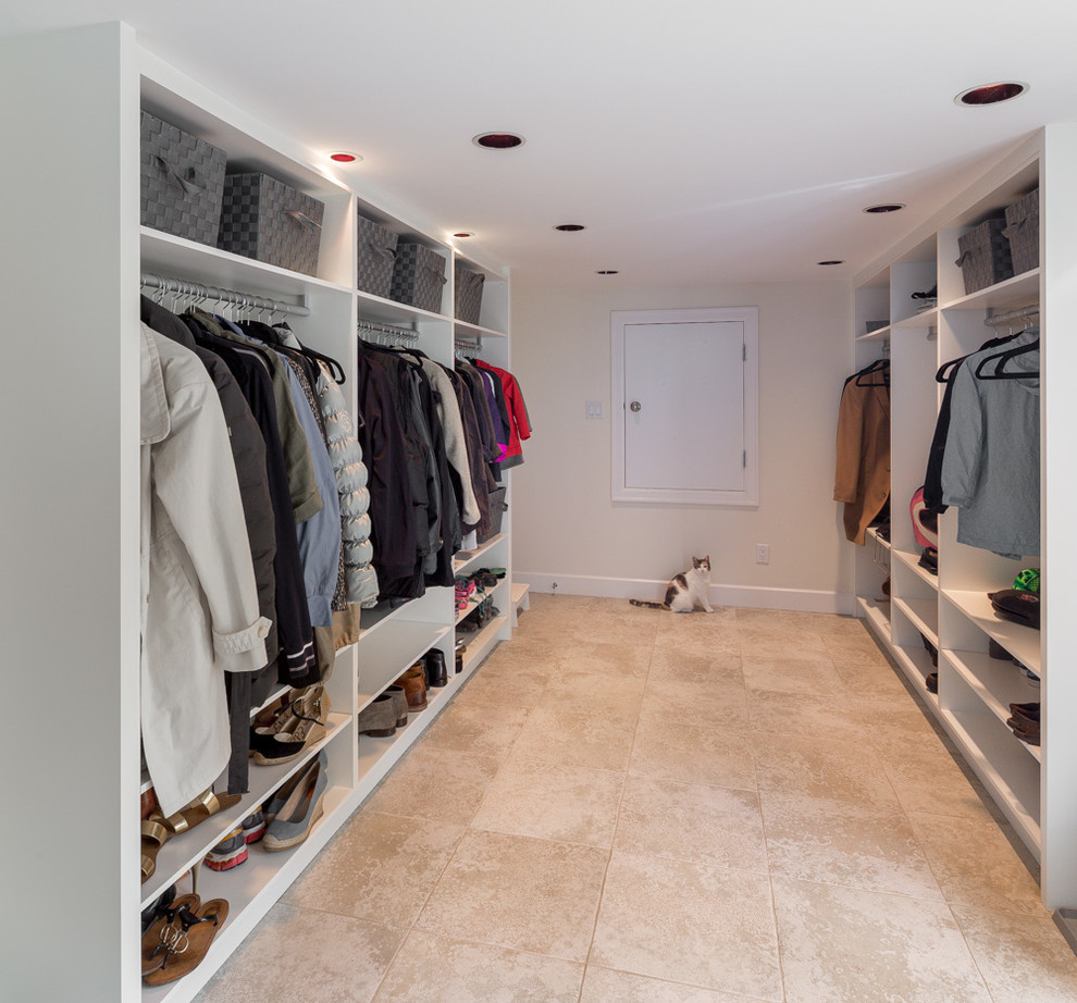 Mid-sized elegant beige floor closet photo in Vancouver with shaker cabinets and white cabinets