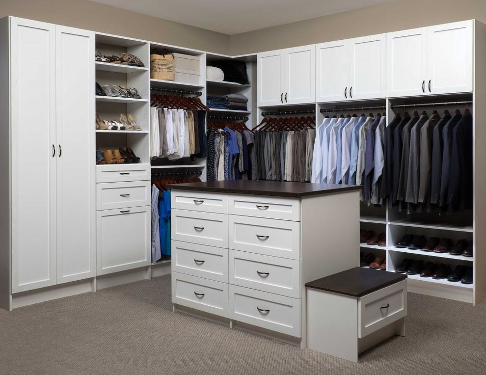 Design ideas for a large contemporary gender neutral walk-in wardrobe in Philadelphia with white cabinets, shaker cabinets, carpet and grey floors.
