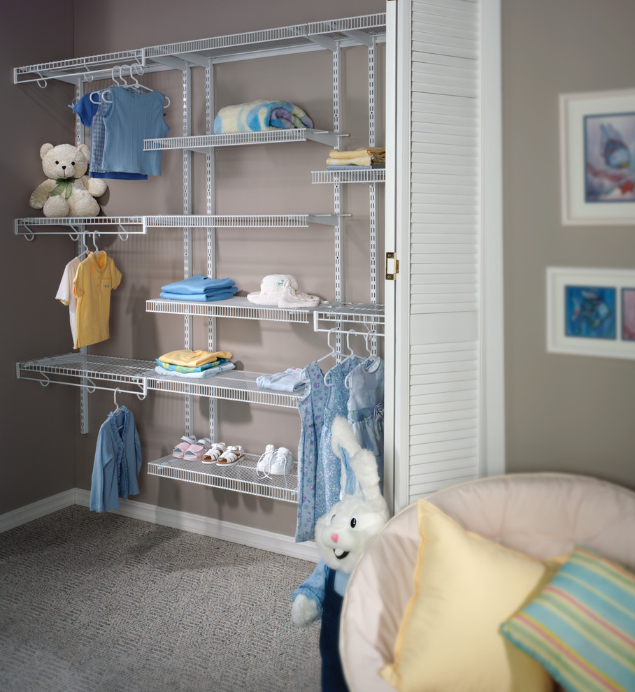Design ideas for a classic gender neutral walk-in wardrobe in Milwaukee with open cabinets, white cabinets and carpet.
