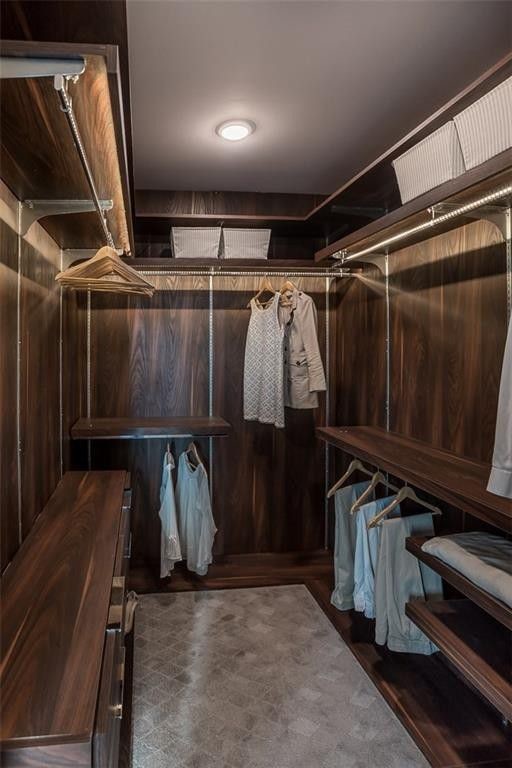 Idee per una cabina armadio minimalista di medie dimensioni con ante in legno scuro, moquette e pavimento grigio